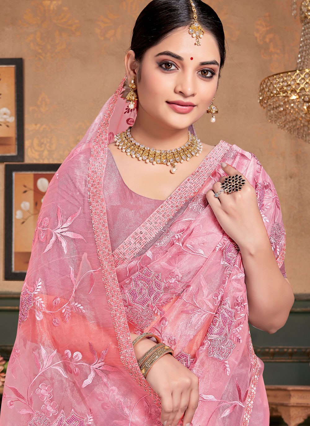 Designer Beads Pink Organza Saree S13247