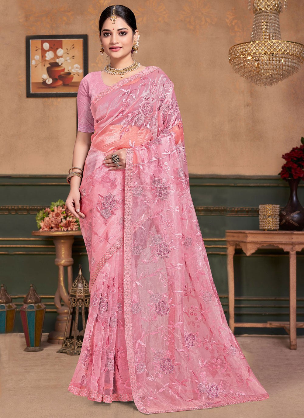 Designer Beads Pink Organza Saree S13247