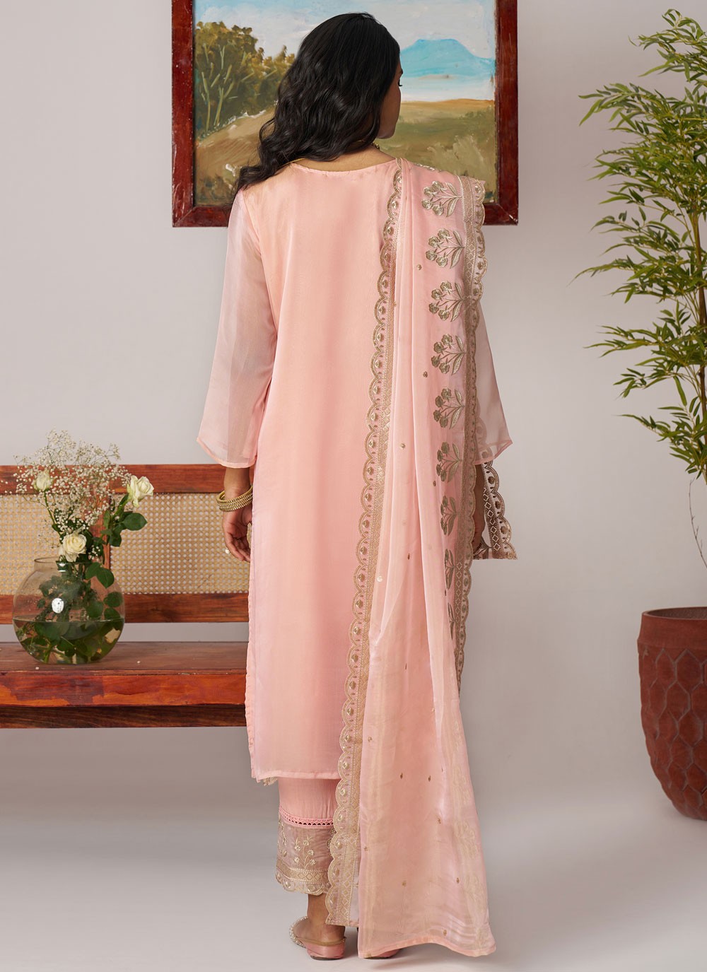 Salwar Suit Beads Peach, Pink Organza T5908