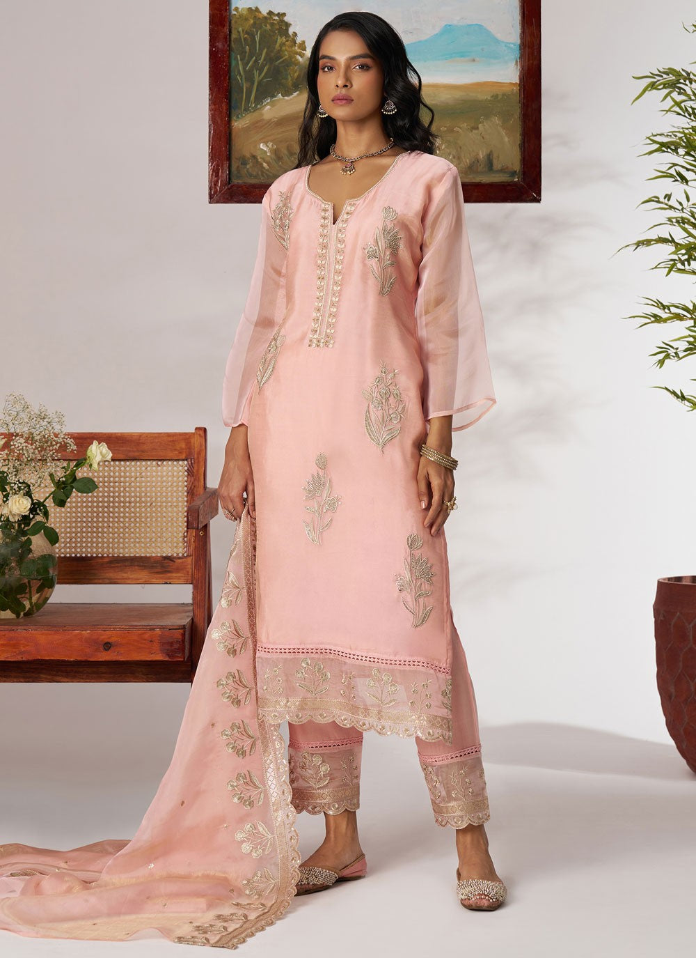 Salwar Suit Beads Peach, Pink Organza T5908