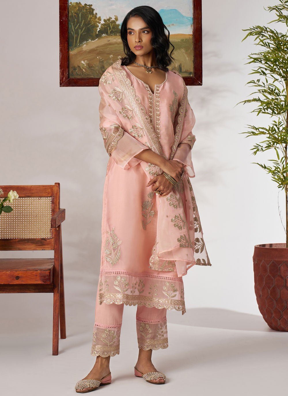 Salwar Suit Beads Peach, Pink Organza T5908