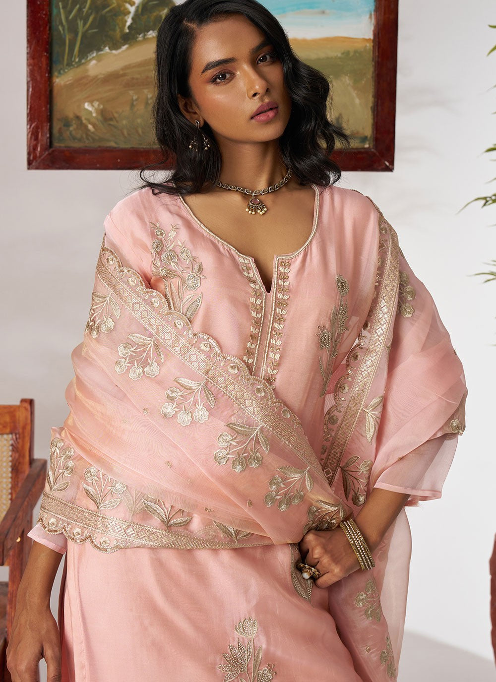 Salwar Suit Beads Peach, Pink Organza T5908