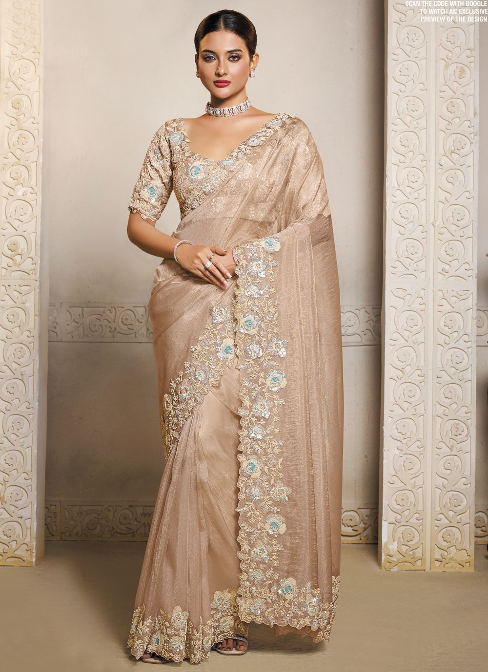 Beige Organza Contemporary Saree Embroidered, Sequins S20448