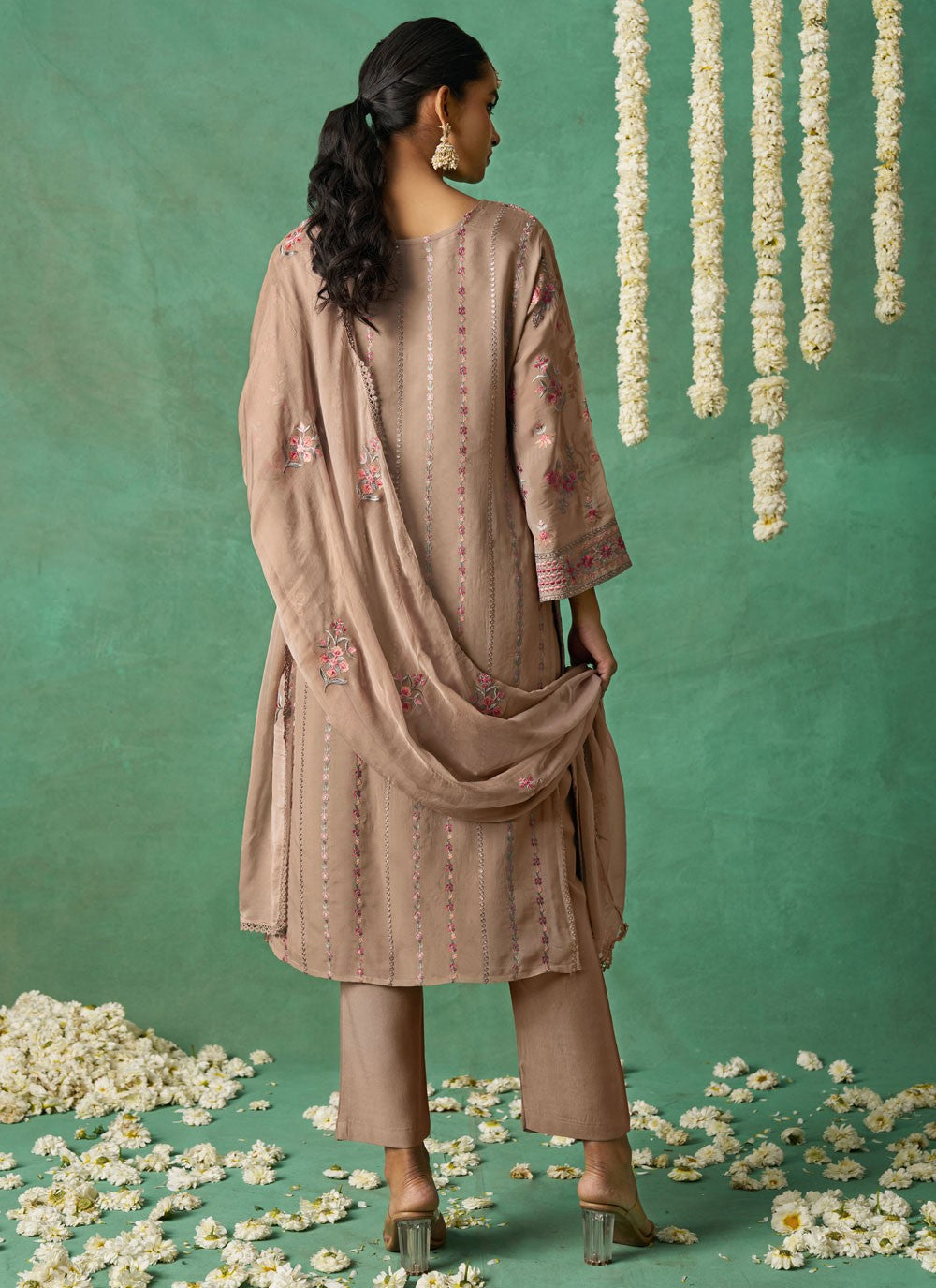 Salwar Suit Embroidered Beige Organza T5777