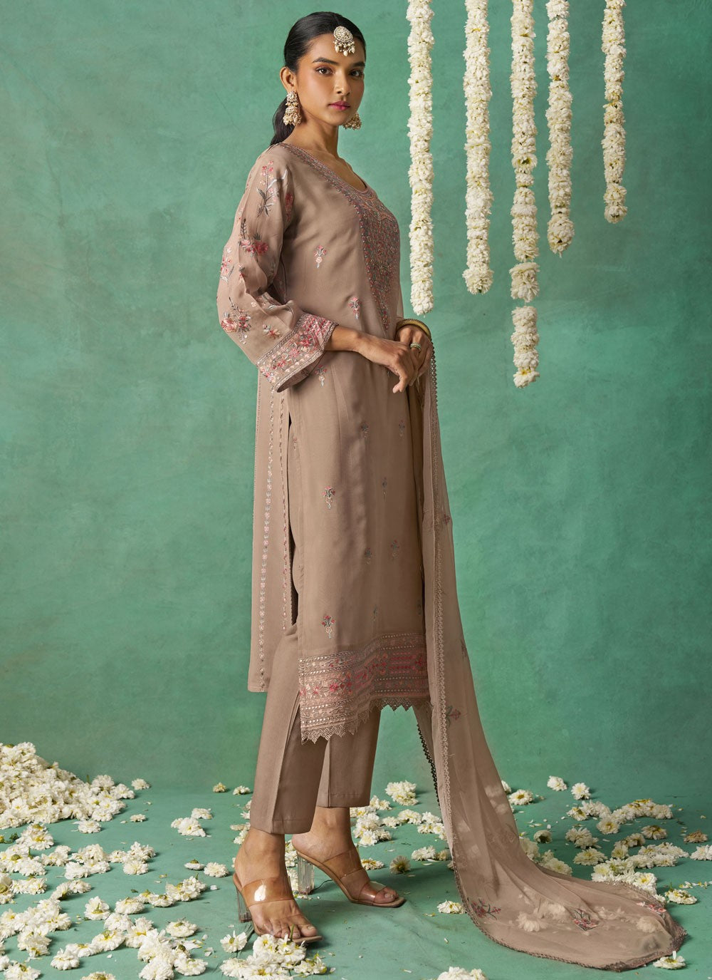 Salwar Suit Embroidered Beige Organza T5777