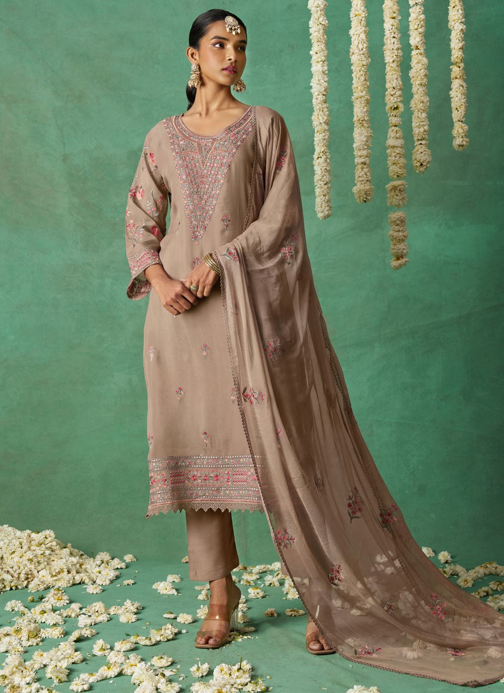 Salwar Suit Embroidered Beige Organza T5777
