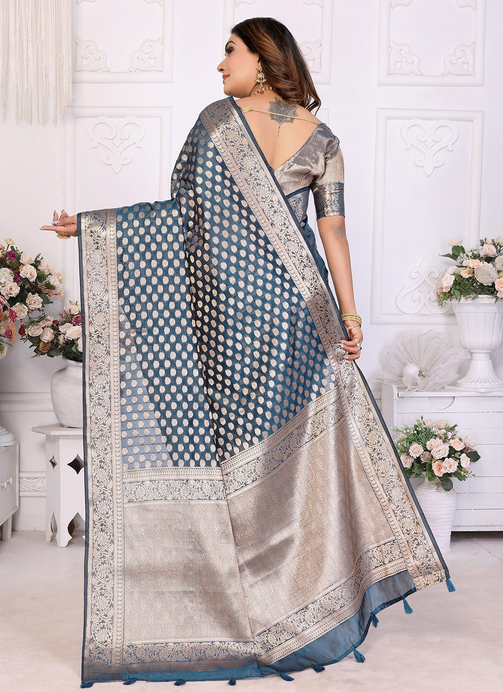 Contemporary Woven Blue Organza Saree S13598