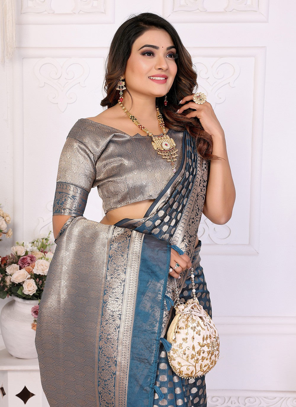 Contemporary Woven Blue Organza Saree S13598