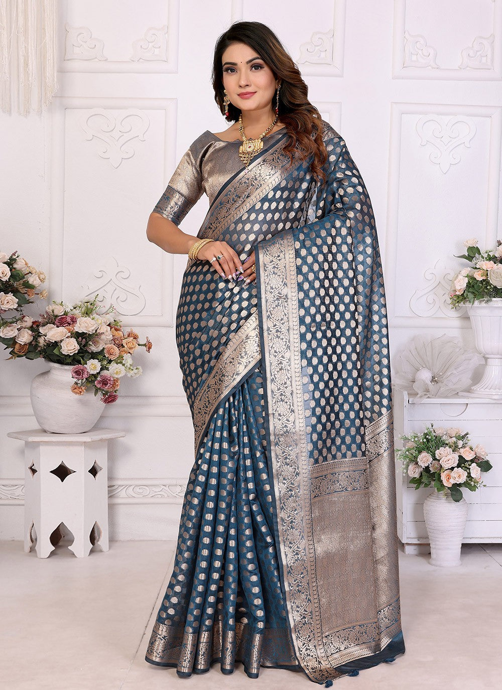 Contemporary Woven Blue Organza Saree S13598