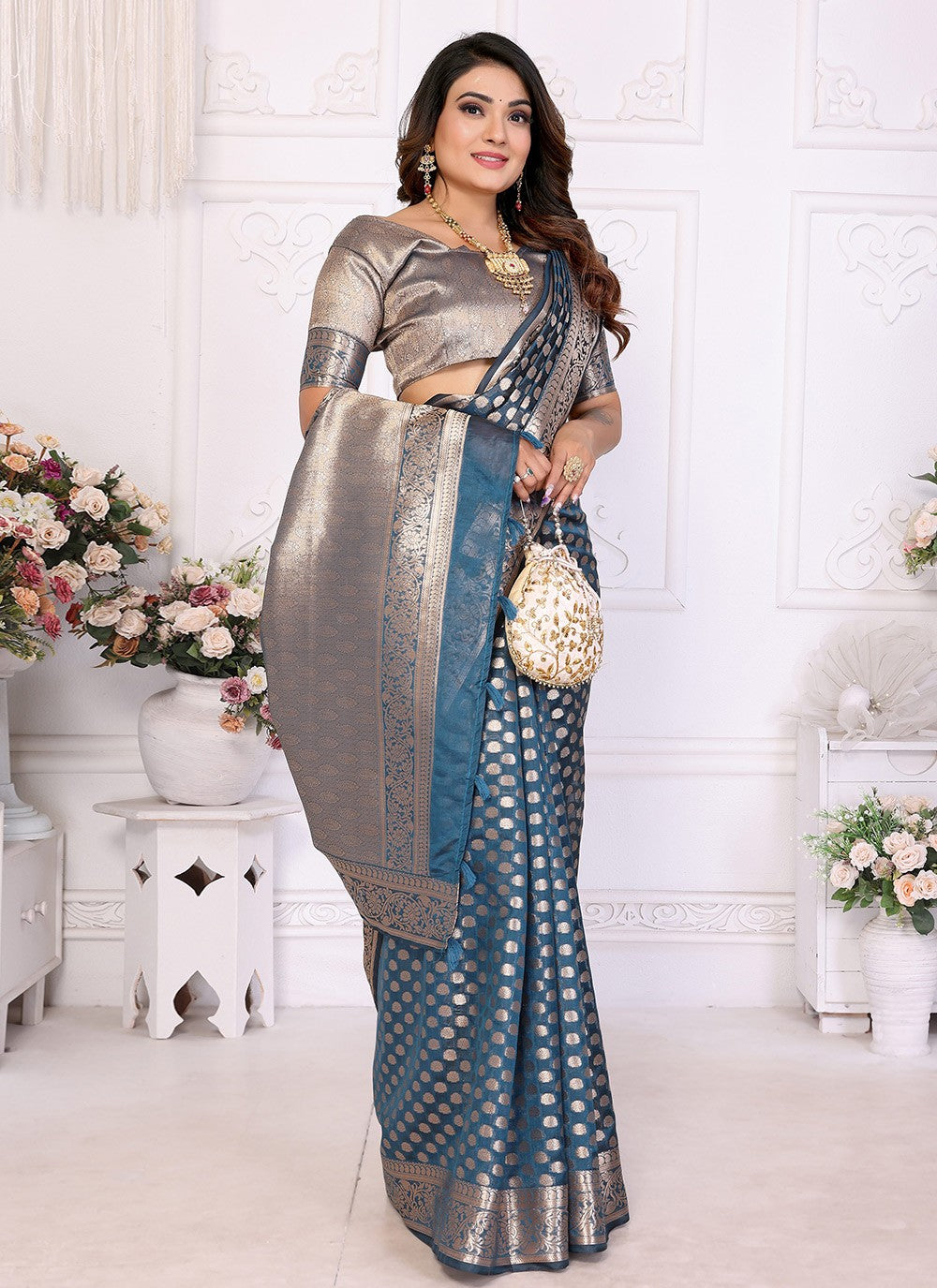 Contemporary Woven Blue Organza Saree S13598