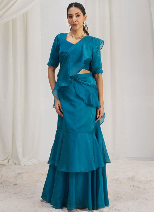 Plain Organza Blue Saree S14583