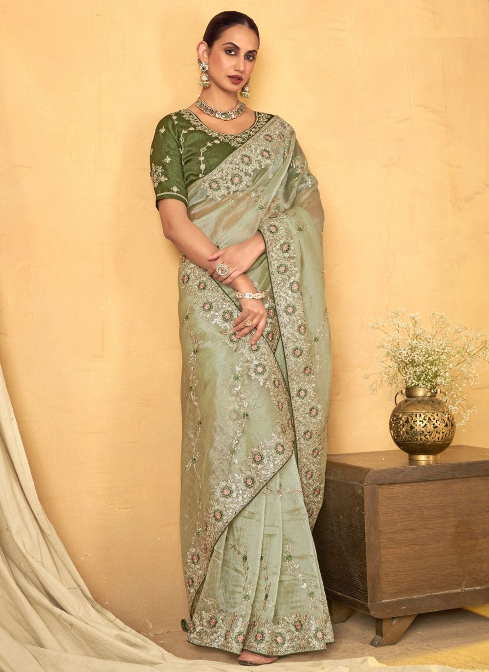 Border Work Organza Sea Green Classic Saree S14946