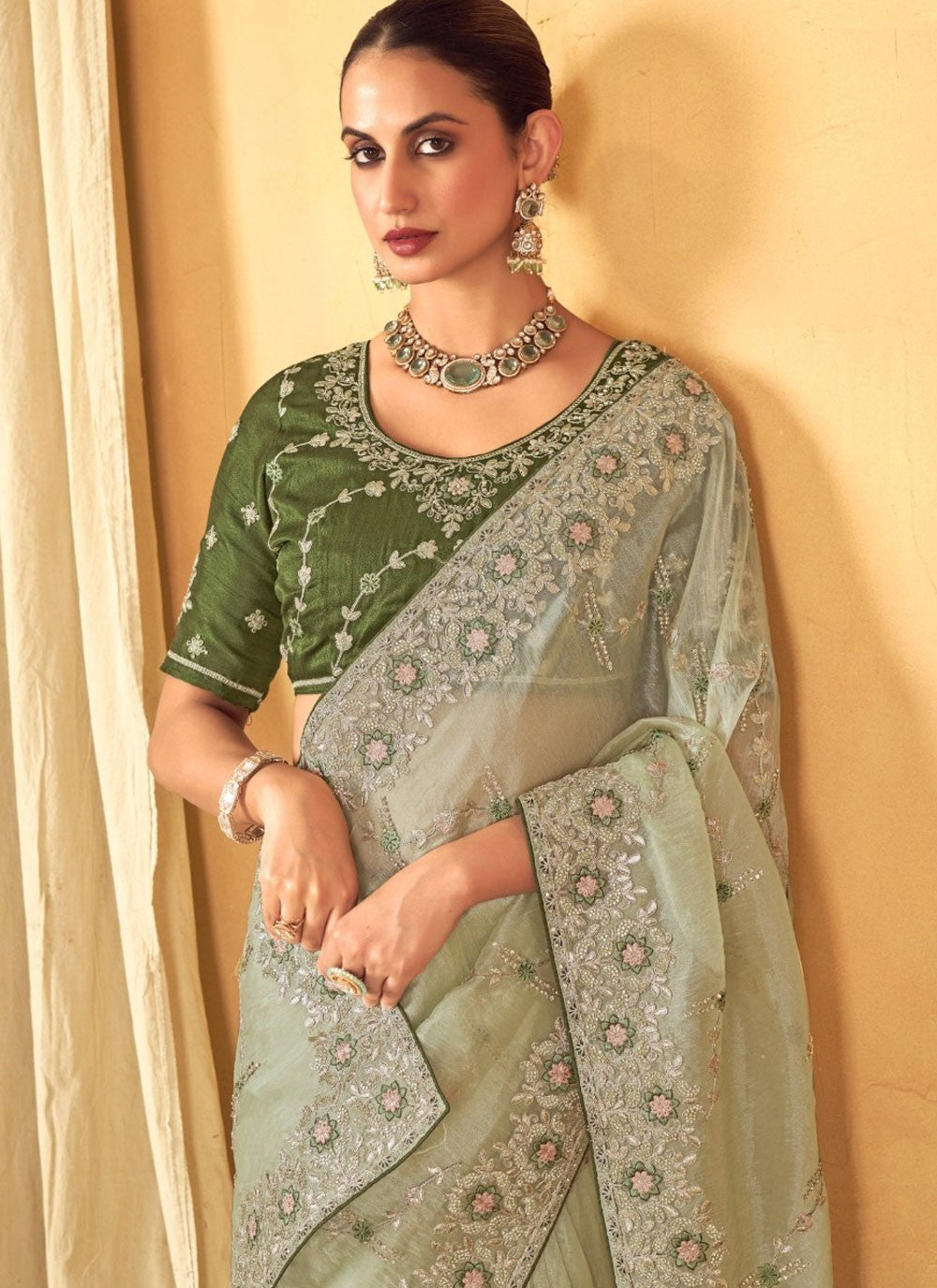 Border Work Organza Sea Green Classic Saree S14946