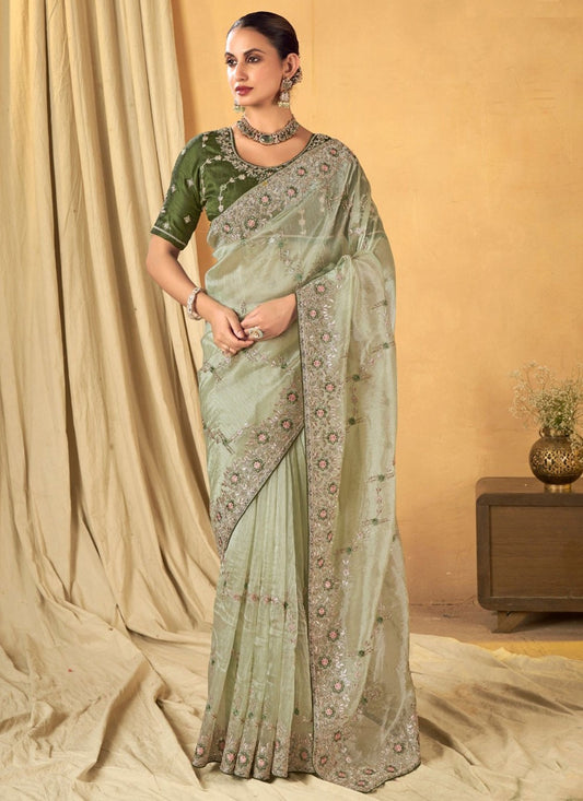 Border Work Organza Sea Green Classic Saree S14946