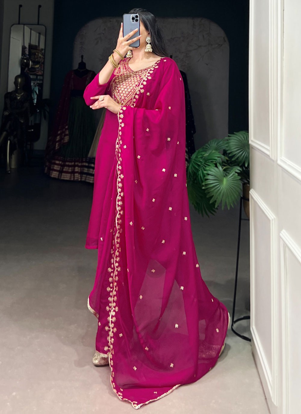 Pant Style Suit Embroidered, Zari Hot Pink T7109