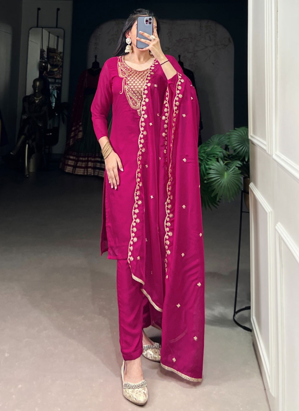 Pant Style Suit Embroidered, Zari Hot Pink T7109