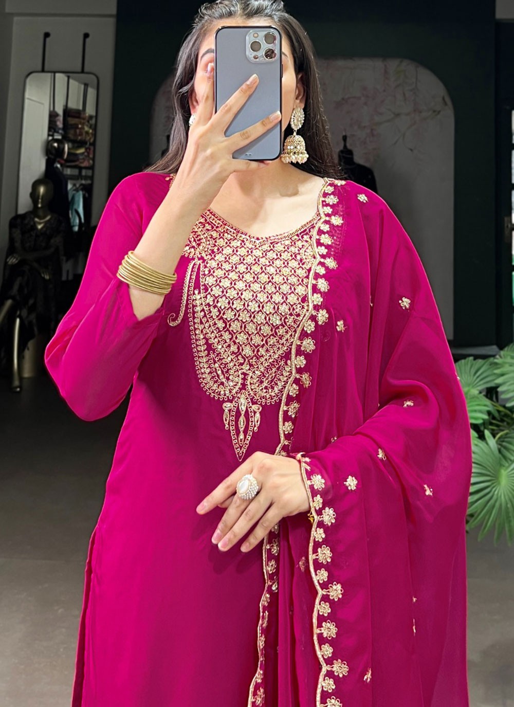 Pant Style Suit Embroidered, Zari Hot Pink T7109