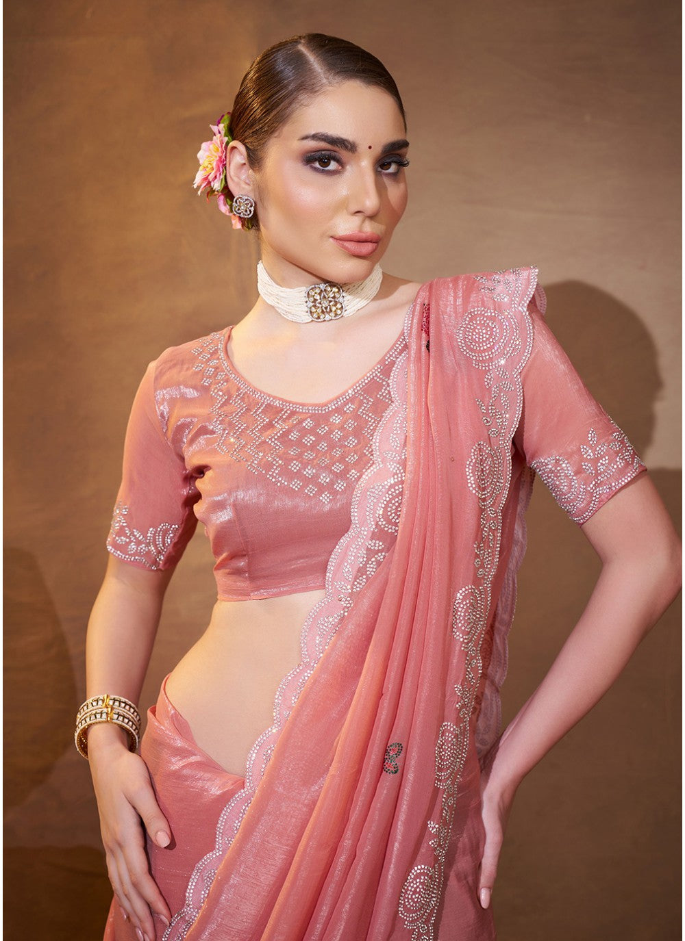 Embroidered Organza Pink Saree S14471
