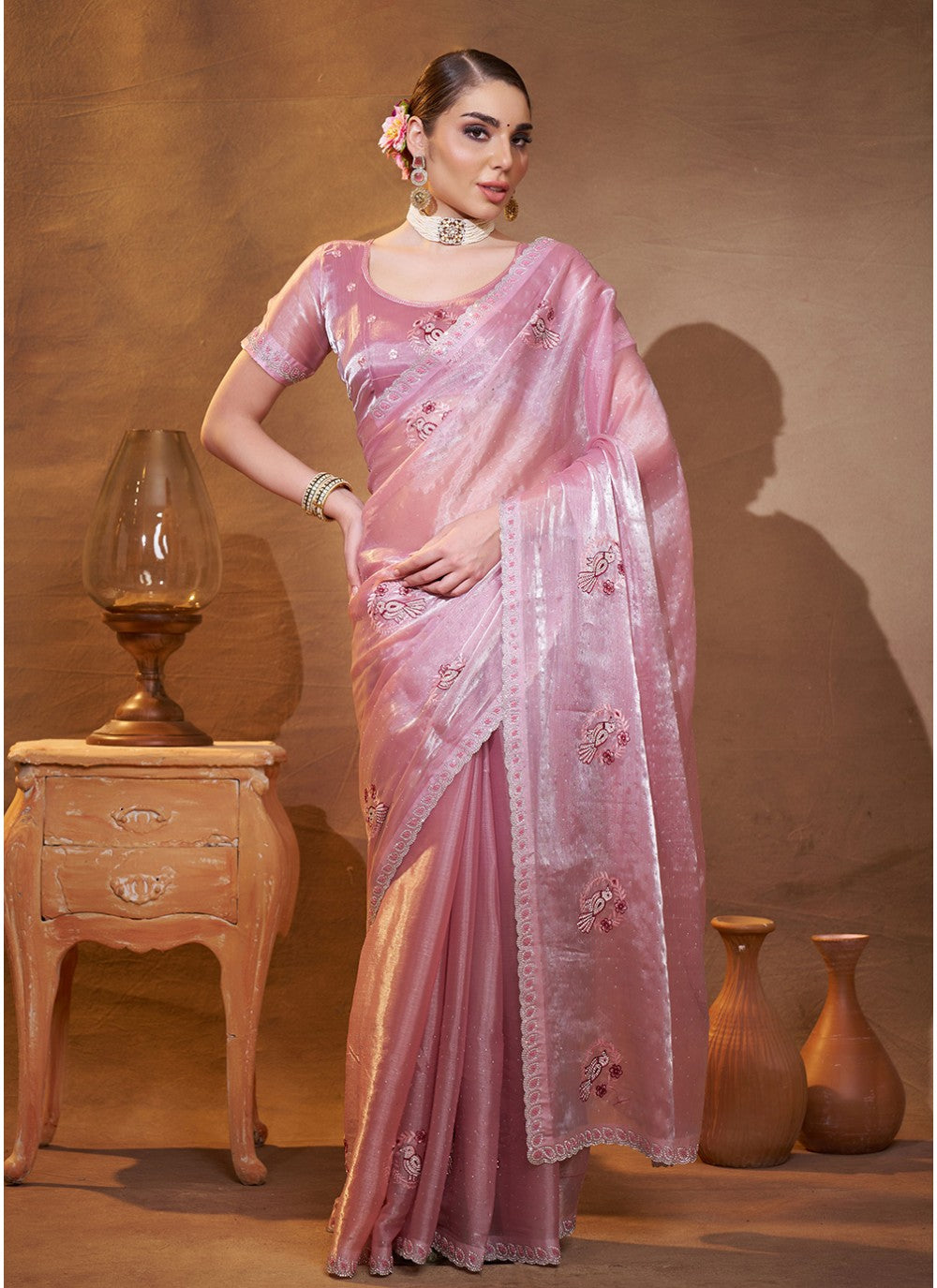 Embroidered Organza Pink Saree S14471