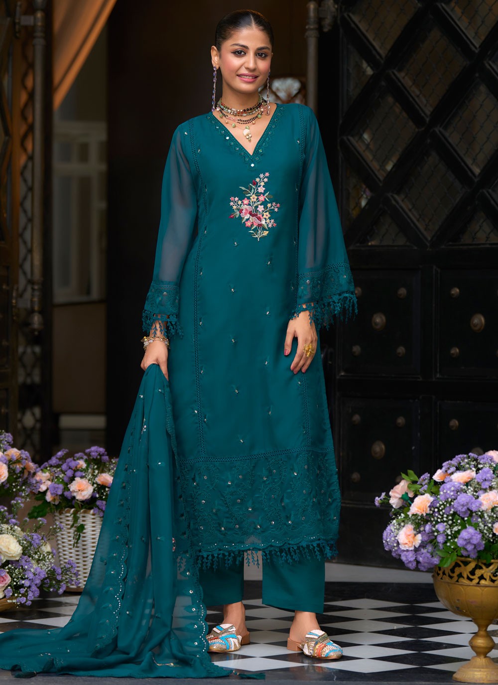 Salwar Suit Embroidered Morpeach Organza T5486