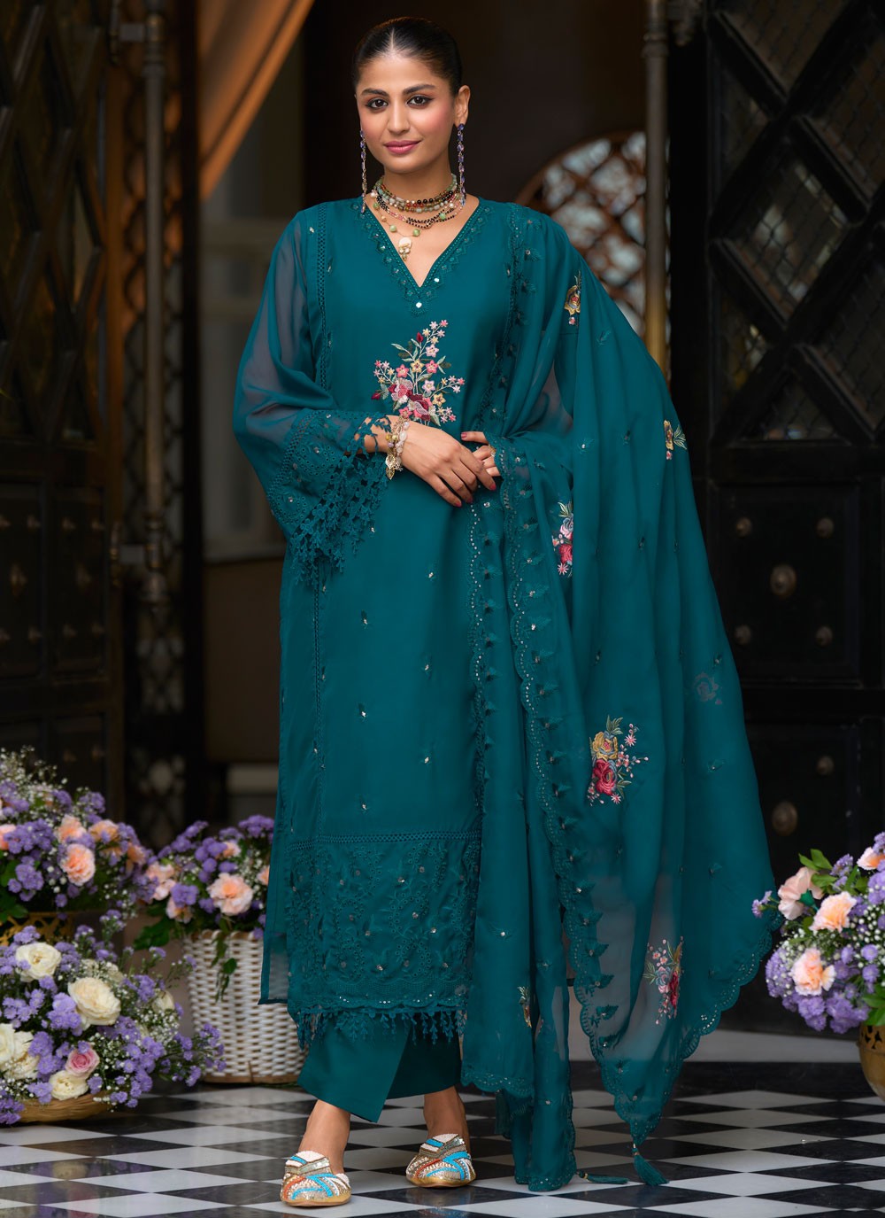 Salwar Suit Embroidered Morpeach Organza T5486