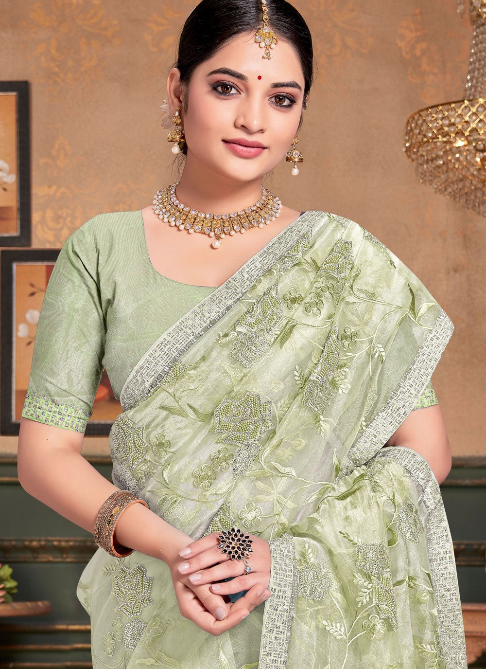 Traditional Beads Green, Grey Organza Saree S13248