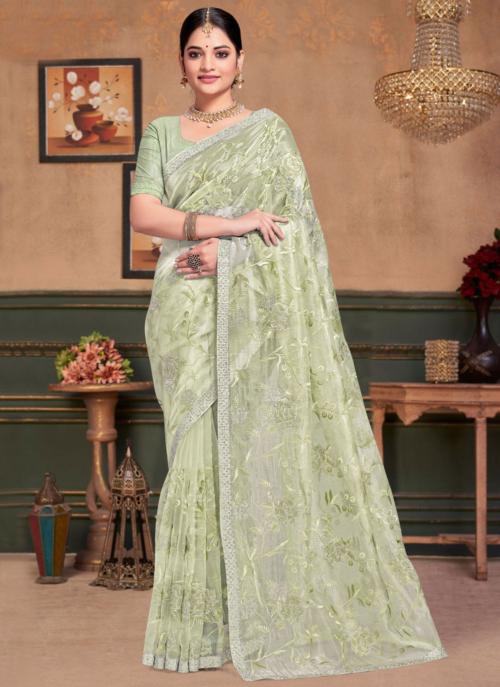 Traditional Beads Green, Grey Organza Saree S13248