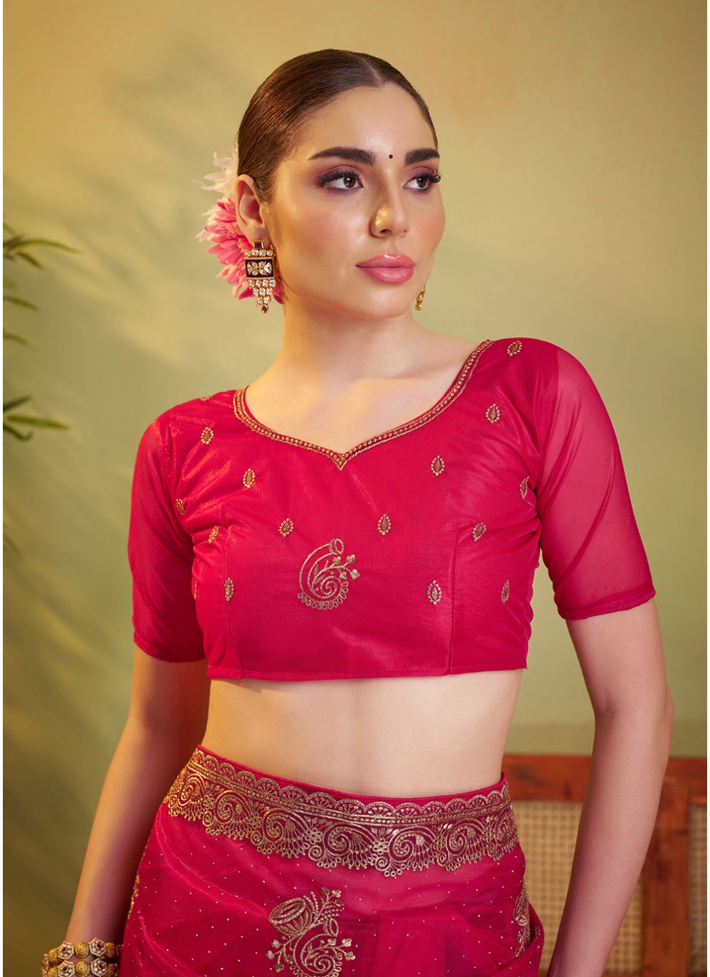 Embroidered Organza Pink Saree S14455