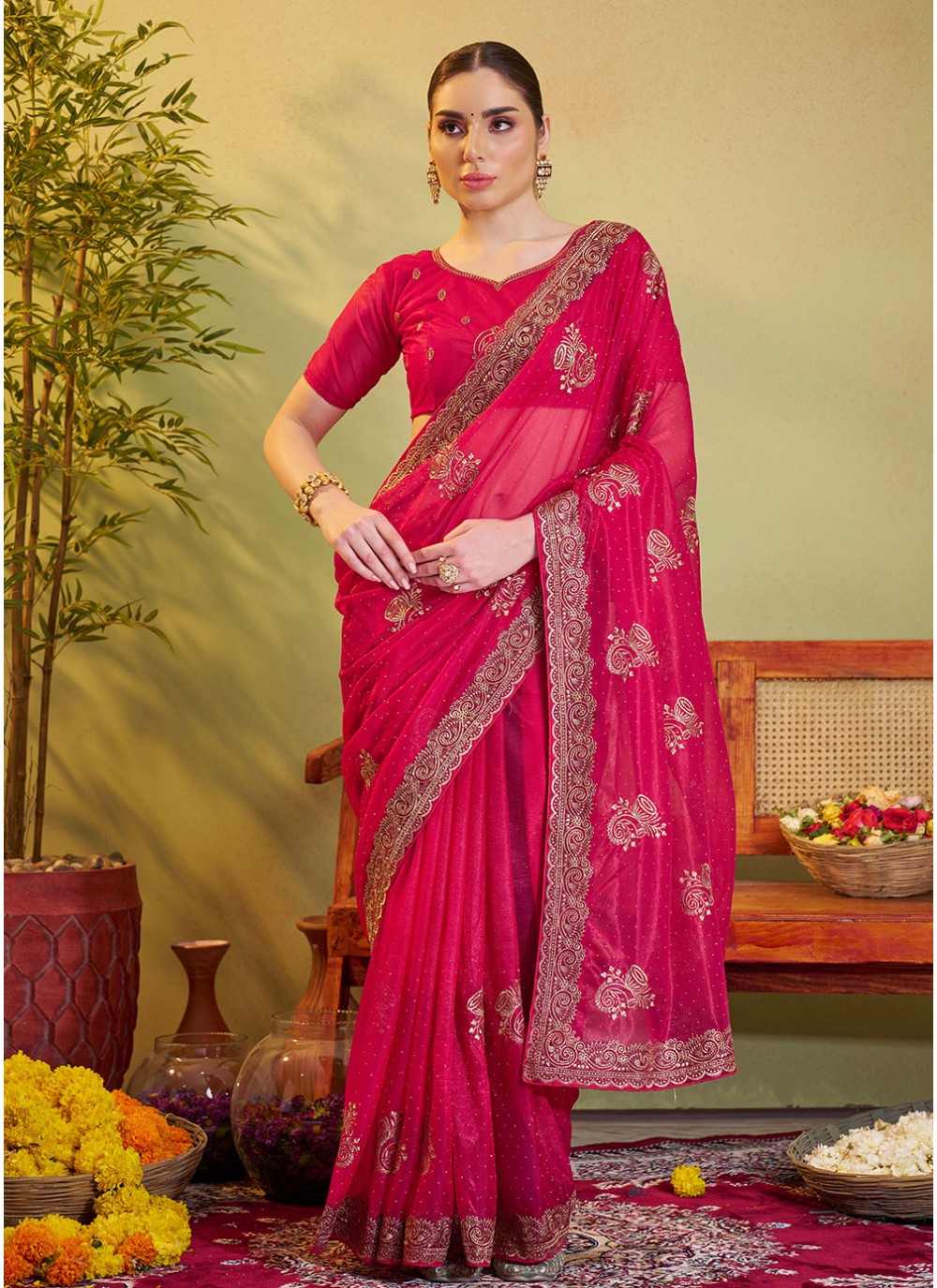 Embroidered Organza Pink Saree S14455