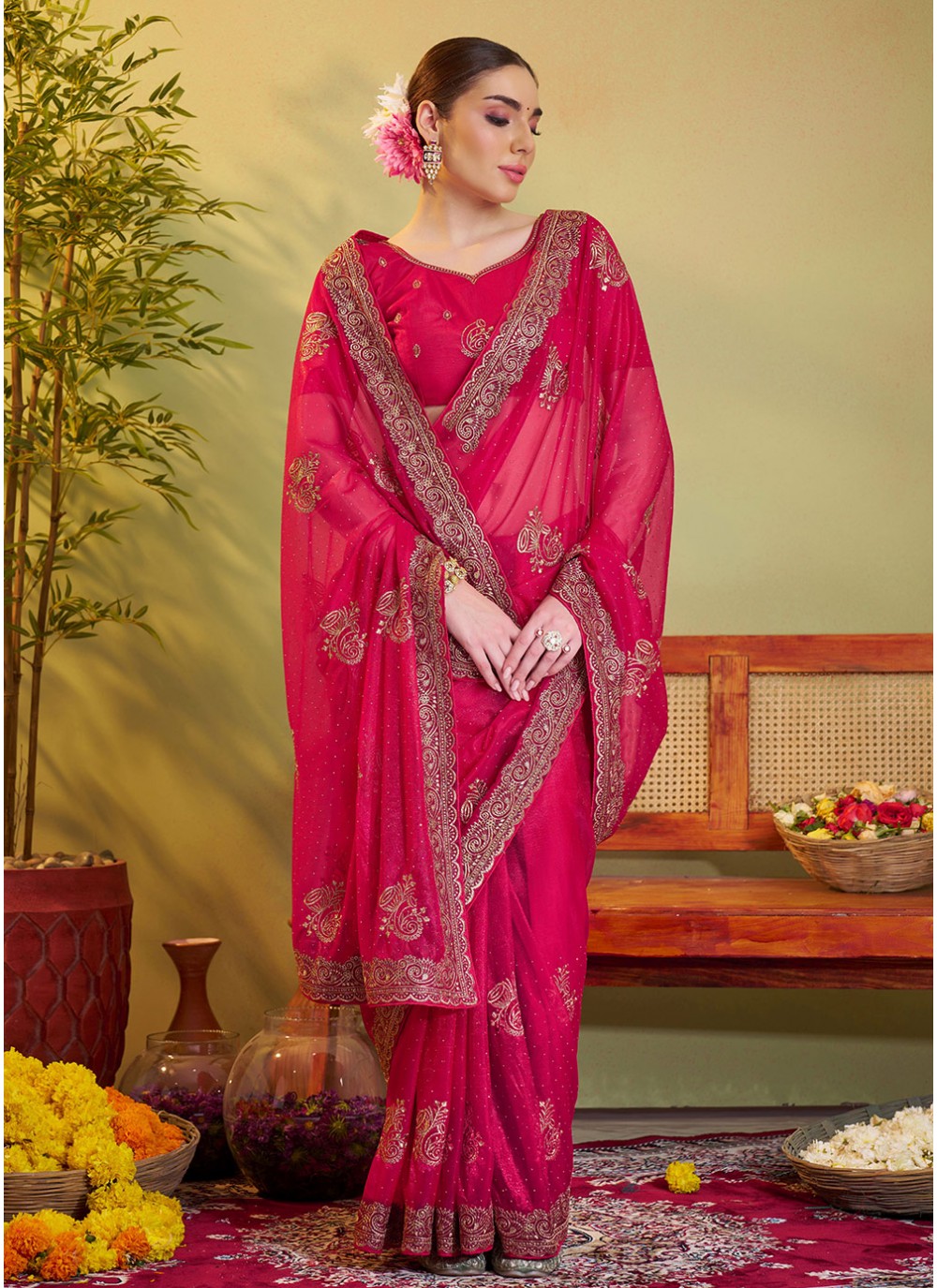 Embroidered Organza Pink Saree S14455