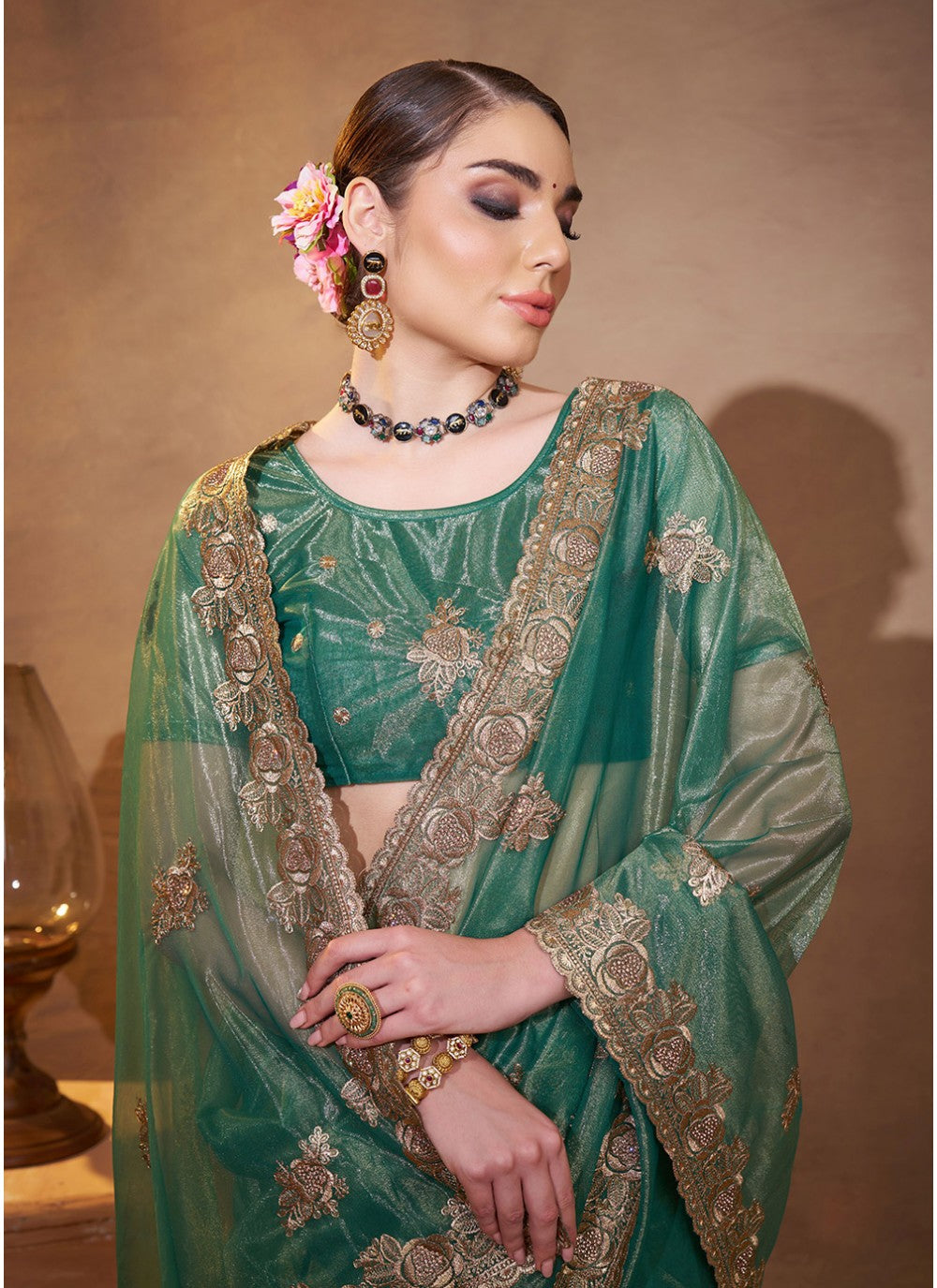 Embroidered Organza Green Saree S14461