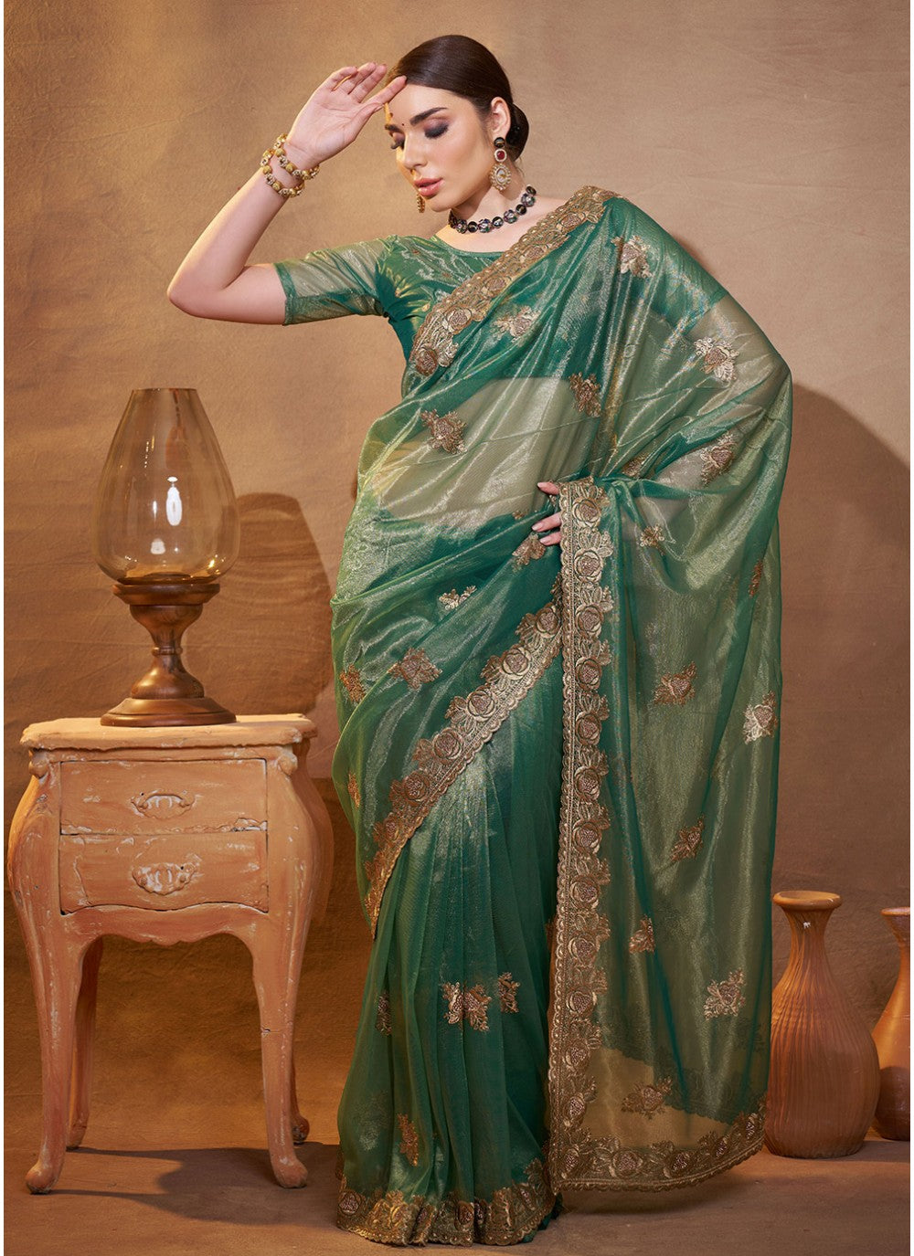 Embroidered Organza Green Saree S14461
