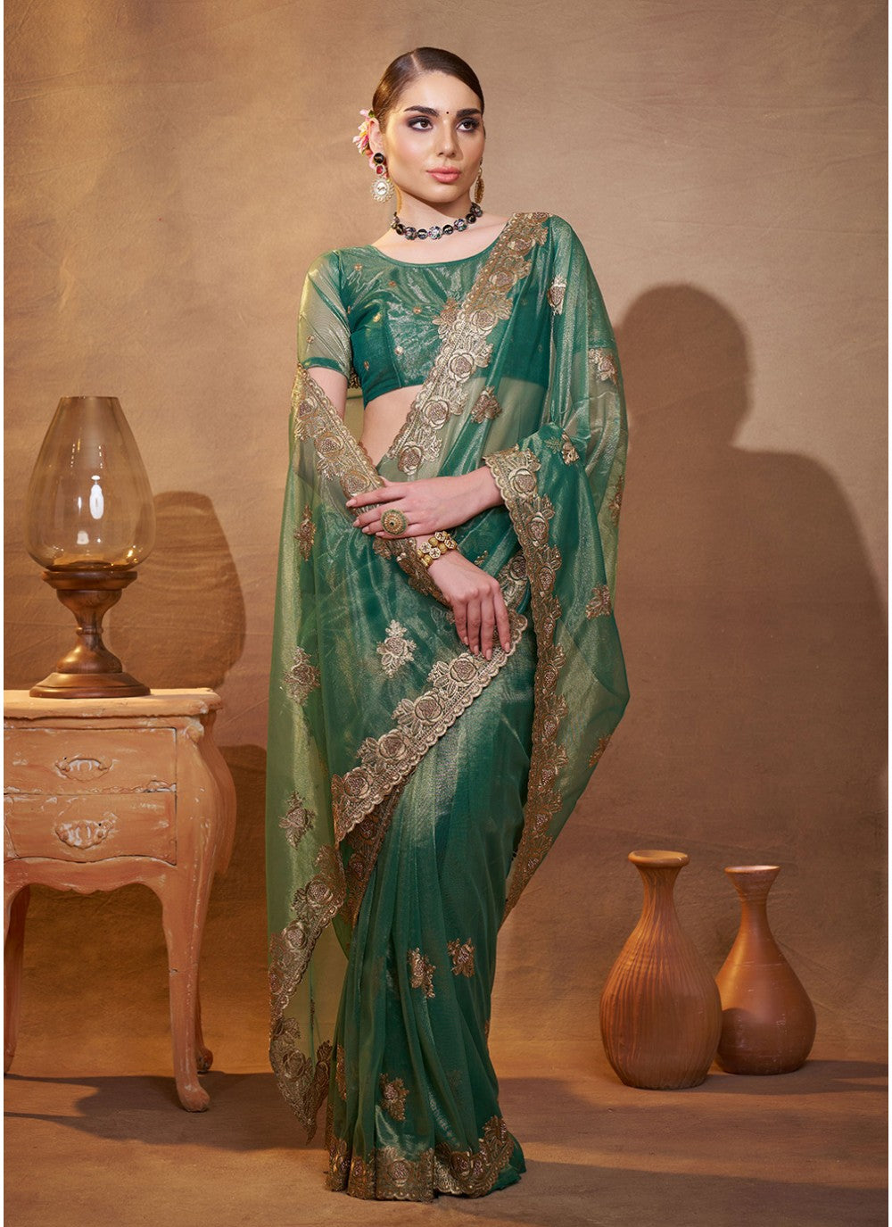 Embroidered Organza Green Saree S14461