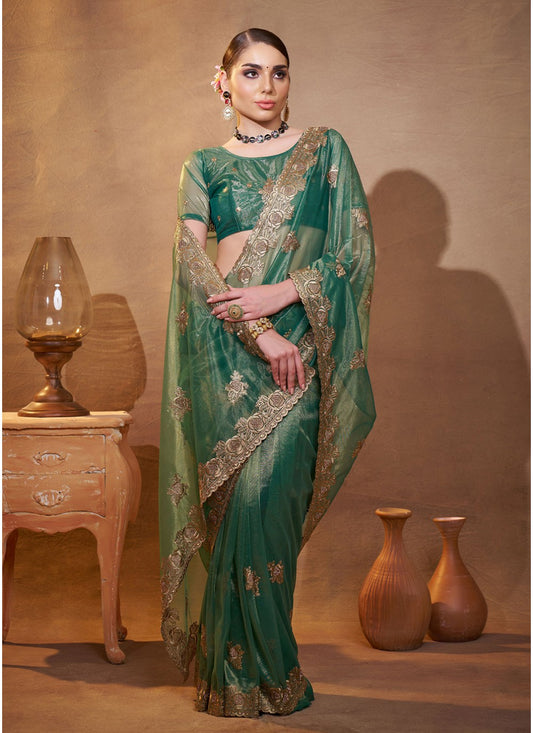 Embroidered Organza Green Saree S14461