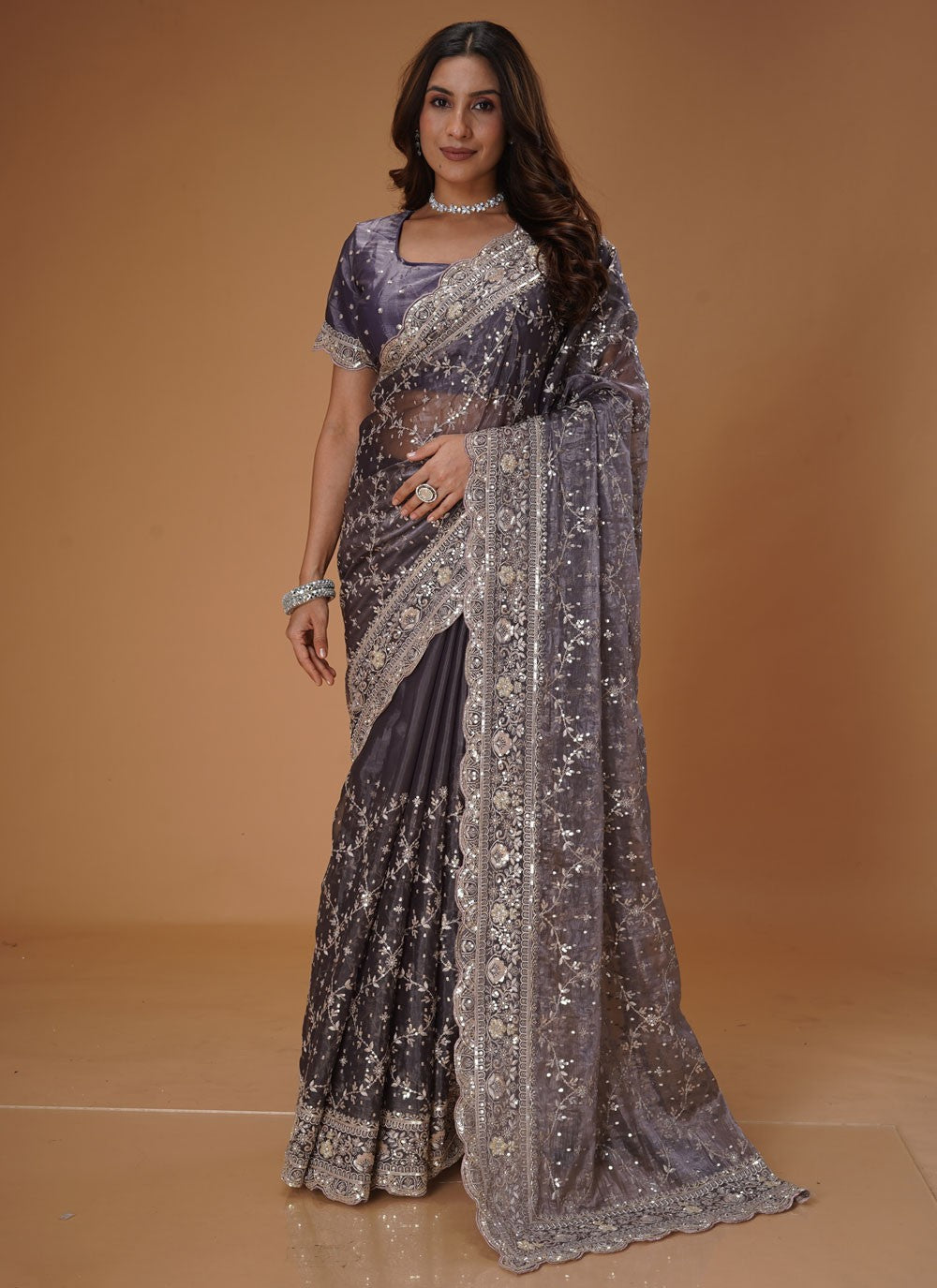 Embroidered Organza Grey Classic Saree S15484