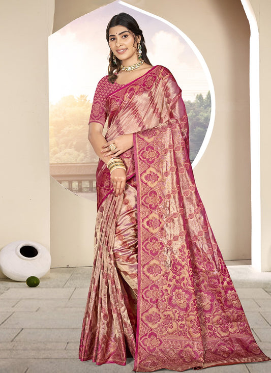 Weaving Zari Organza Magenta Saree S14564