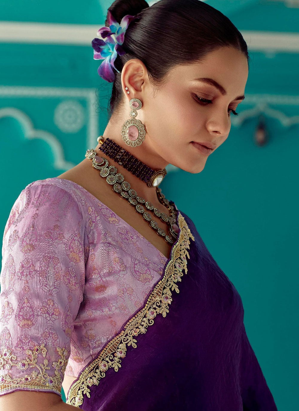 Contemporary Cut Work Purple Organza Saree S13272