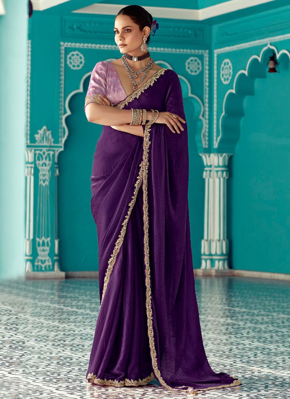 Contemporary Cut Work Purple Organza Saree S13272