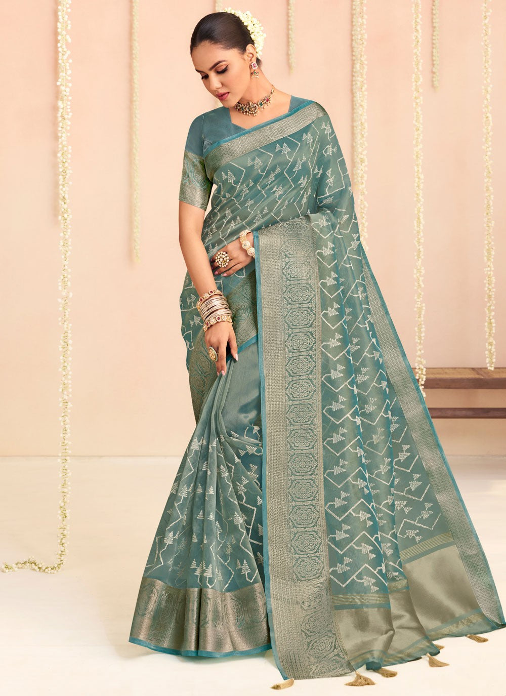 Contemporary Floral Printed Blue, Grey Organza Saree S12669