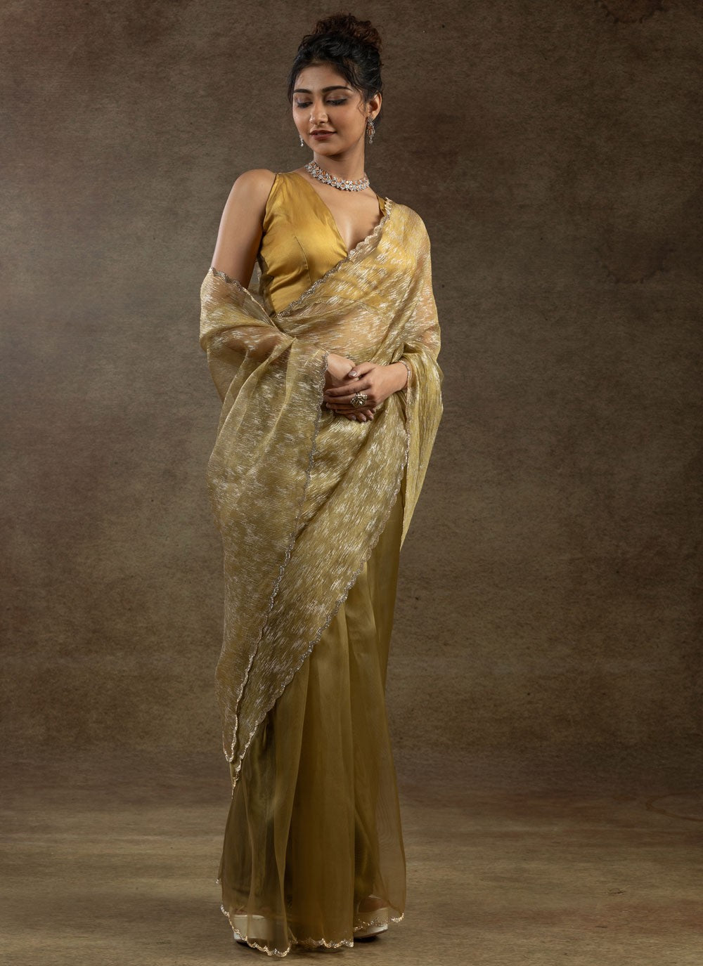 Cut Work Crush Brown Contemporary Saree S15574