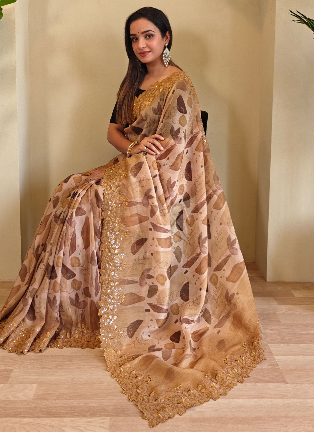 Brown Organza Contemporary Saree Cut Work, Embroidered, Printed, Sequins S15730
