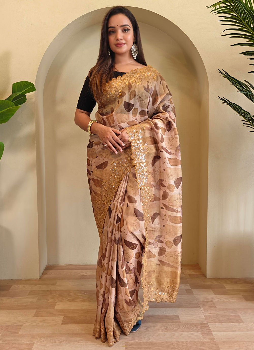 Brown Organza Contemporary Saree Cut Work, Embroidered, Printed, Sequins S15730