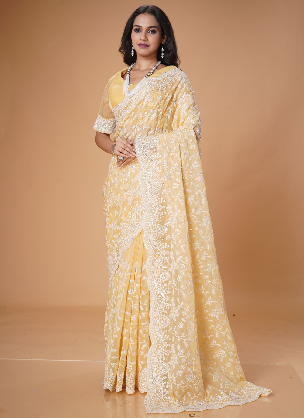 Cut Work Organza Yellow Traditional Saree S15488