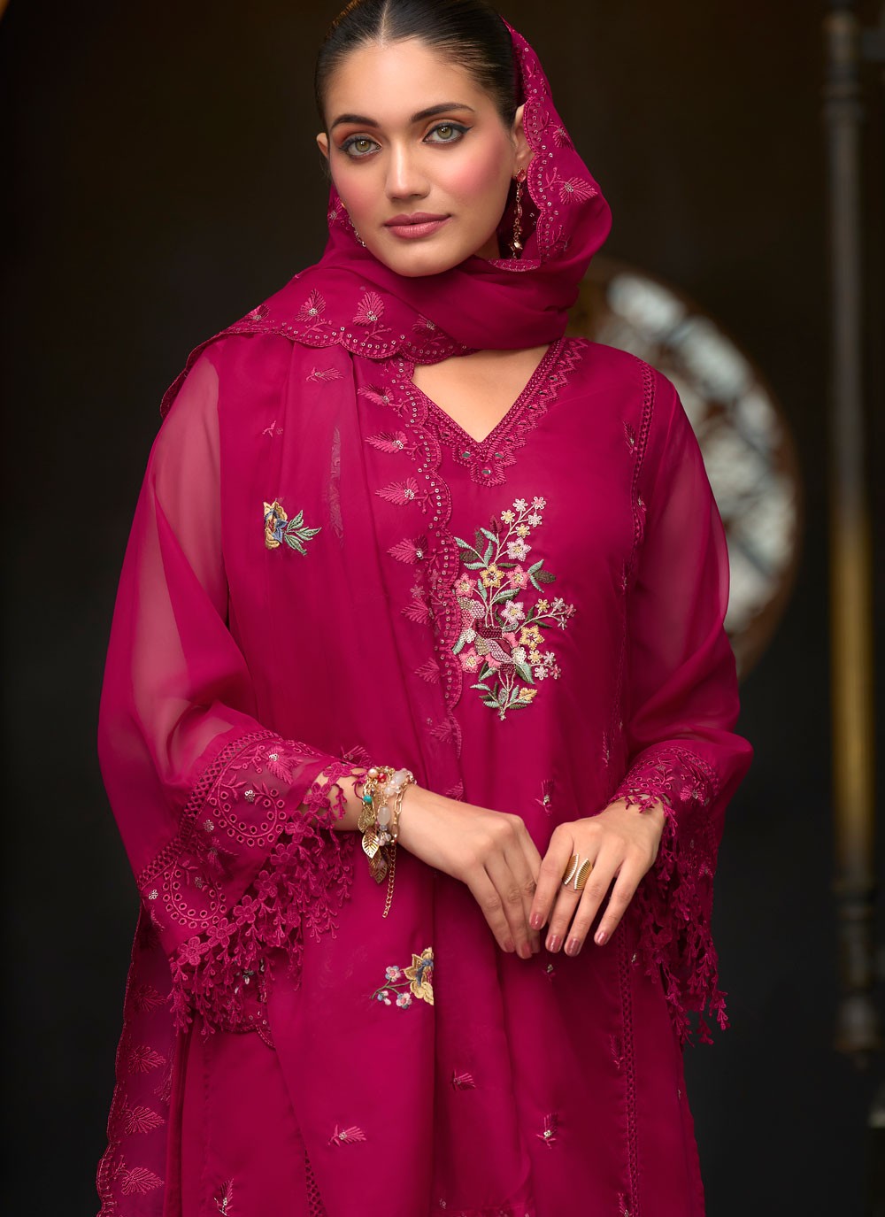 Salwar Suit Embroidered Hot Pink Organza T5485