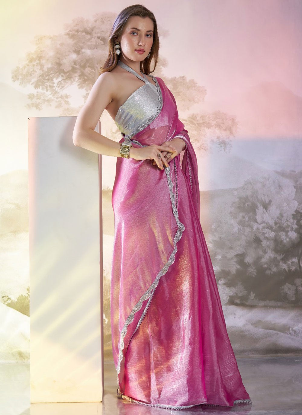 Designer Lace Magenta Burburry Saree S13408