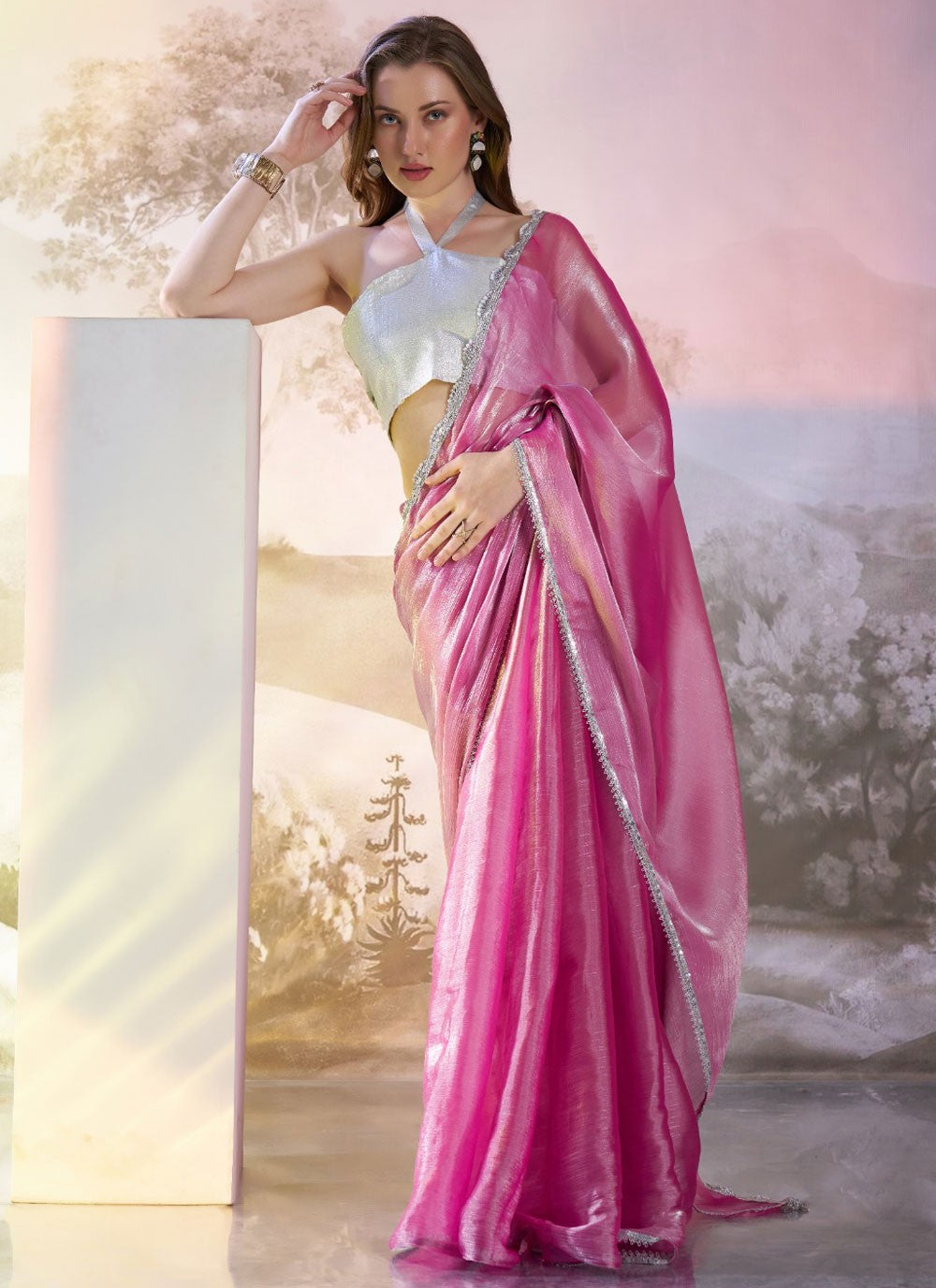 Designer Lace Magenta Burburry Saree S13408
