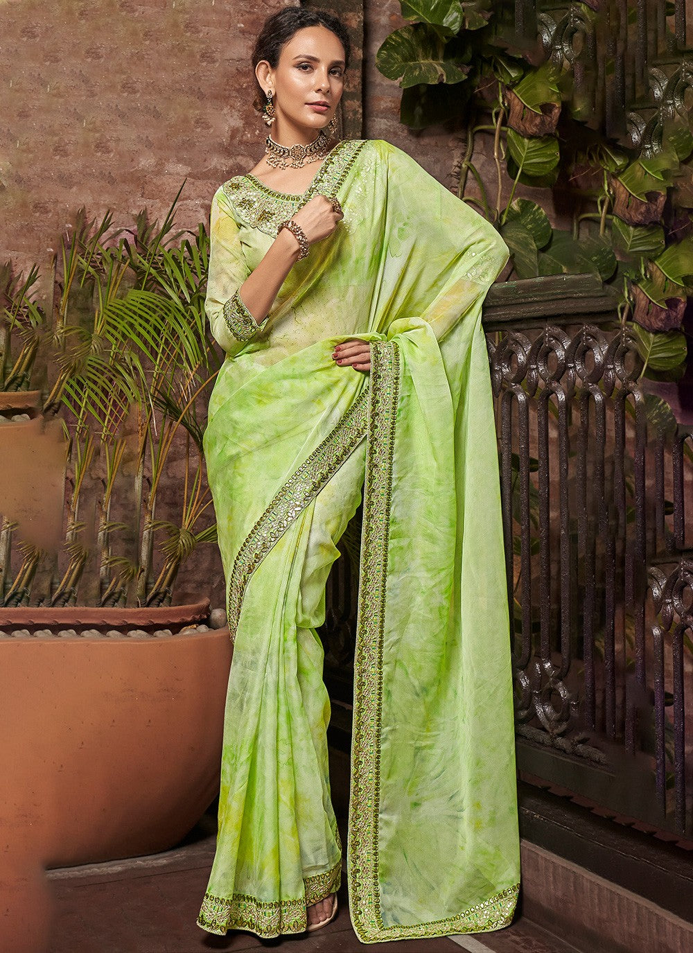 Traditional Border Work Organza Saree - S3525