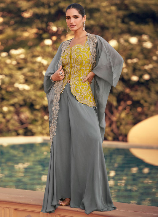 Palazzo Suit Embroidered, Stones, Zari Grey T7974