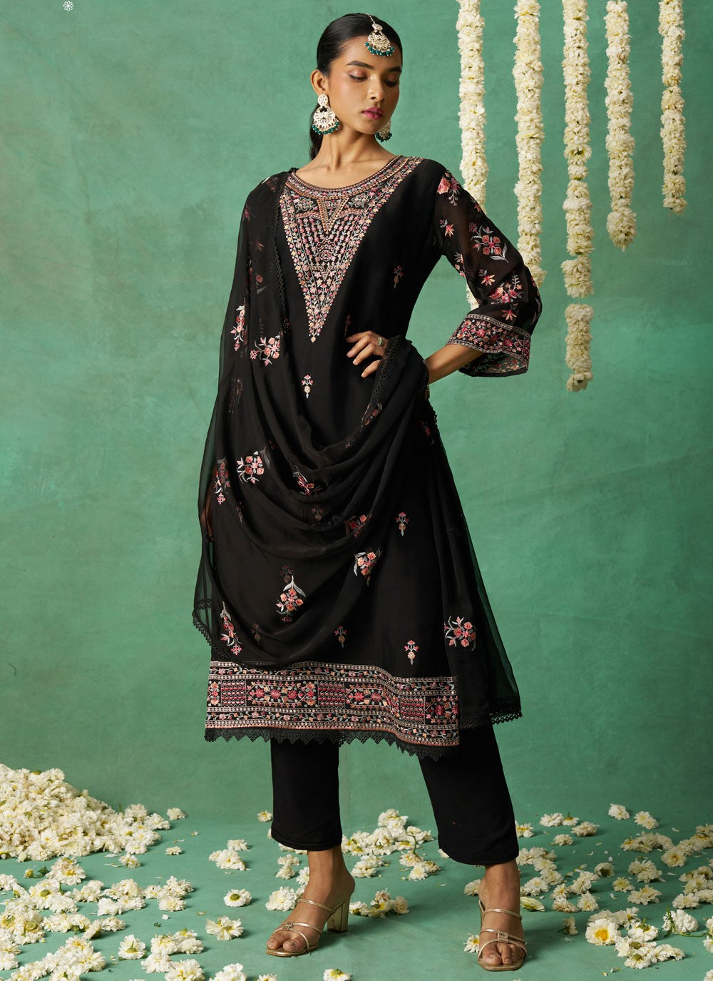Salwar Suit Embroidered Black Organza T5775