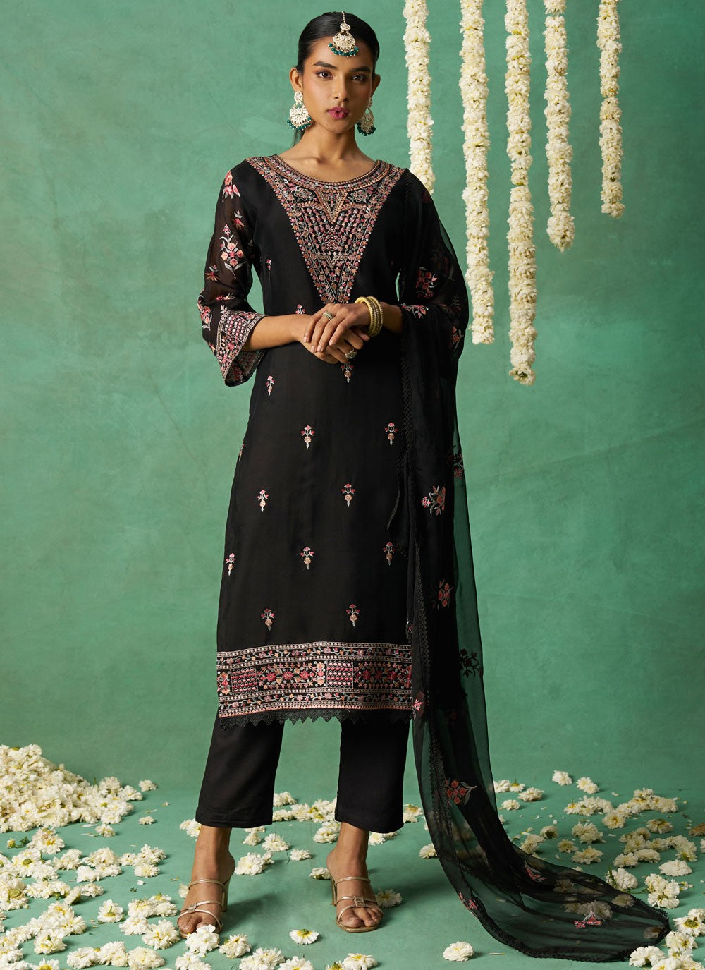 Salwar Suit Embroidered Black Organza T5775